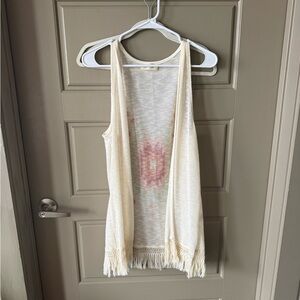 Cream Sleeveless Fringe Cardigan